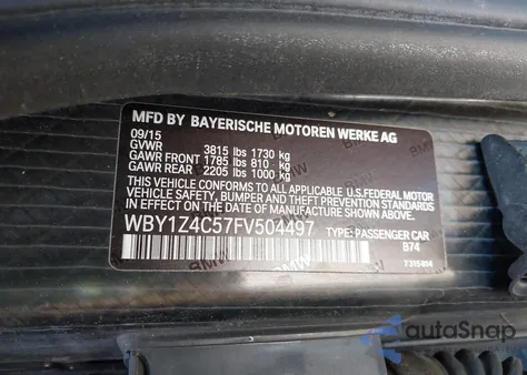 2015 BMW I3 Base W/Range Extender z USA, uszkodzony, nr VIN WBY1Z4C57FV504497